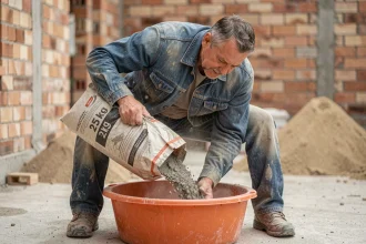 Ouvrier versant un sac de ciment de 25 kg dans une auge de mélange sur un chantier résidentiel pour préparer un béton dosé à 350 kg