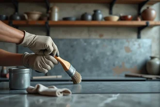 Artisan appliquant une solution de patine sur une crédence en zinc au-dessus d'un plan de travail en marbre pour un effet vieilli élégant