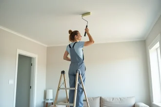 Femme peintre appliquant de la peinture blanche au plafond
