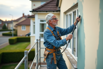 Peintre homme en tenue de travail appliquant de la peinture extérieure