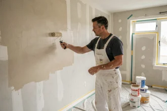 Peintre professionnel appliquant une deuxième couche de peinture sur un mur intérieur avec un rouleau, dans un appartement en cours de rénovation