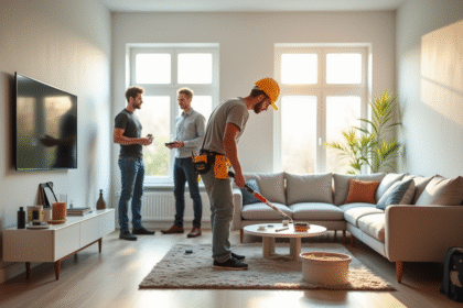 Peintre en rénovation dans un salon lumineux et moderne