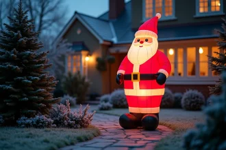 Grande décoration Père Noël lumineux gonflable dans un vaste jardin avec haie enneigée et allée en pierre