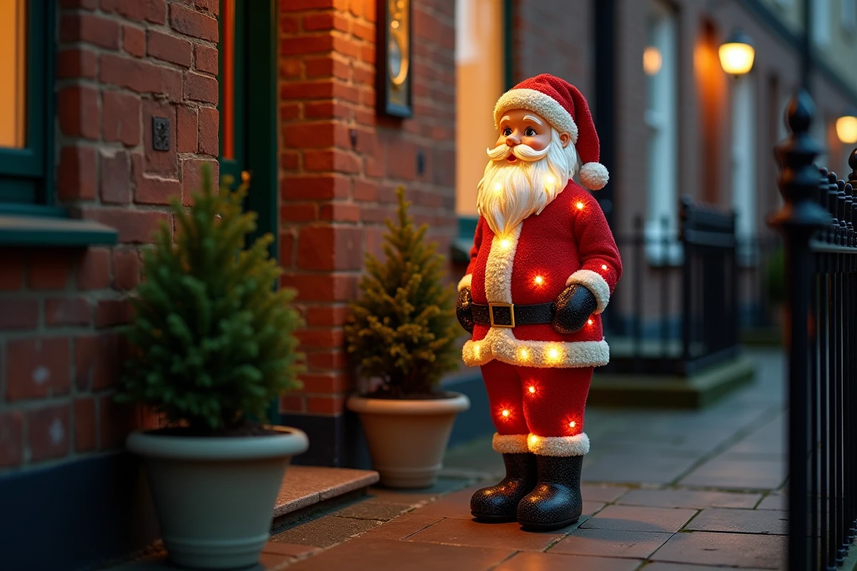 Petite décoration Père Noël lumineux en résine sur un perron de maison de ville avec porte verte et mur en briques