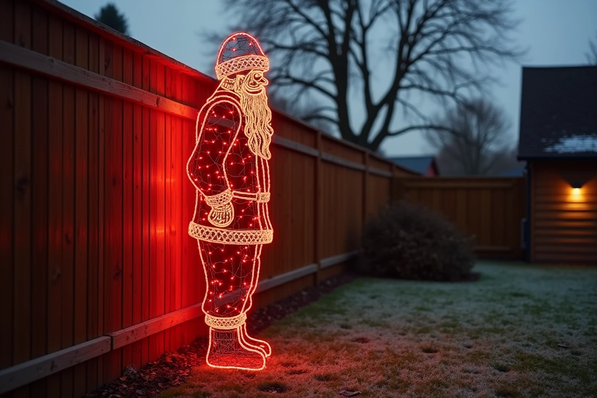 Décoration Père Noël lumineux silhouette LED taille moyenne fixée sur une clôture en bois dans un jardin familial en hiver