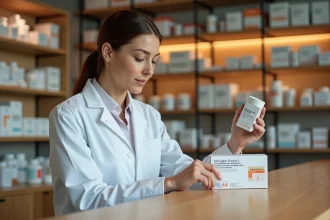 Pharmacienne examinant une boîte de médicament en pharmacie, illustrant les alternatives à l'Aedex EC