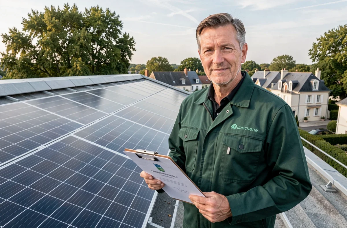 Un technicien certifié de Phenix Solar pose devant une installation solaire haute performance sur une toiture résidentielle en Île-de-France