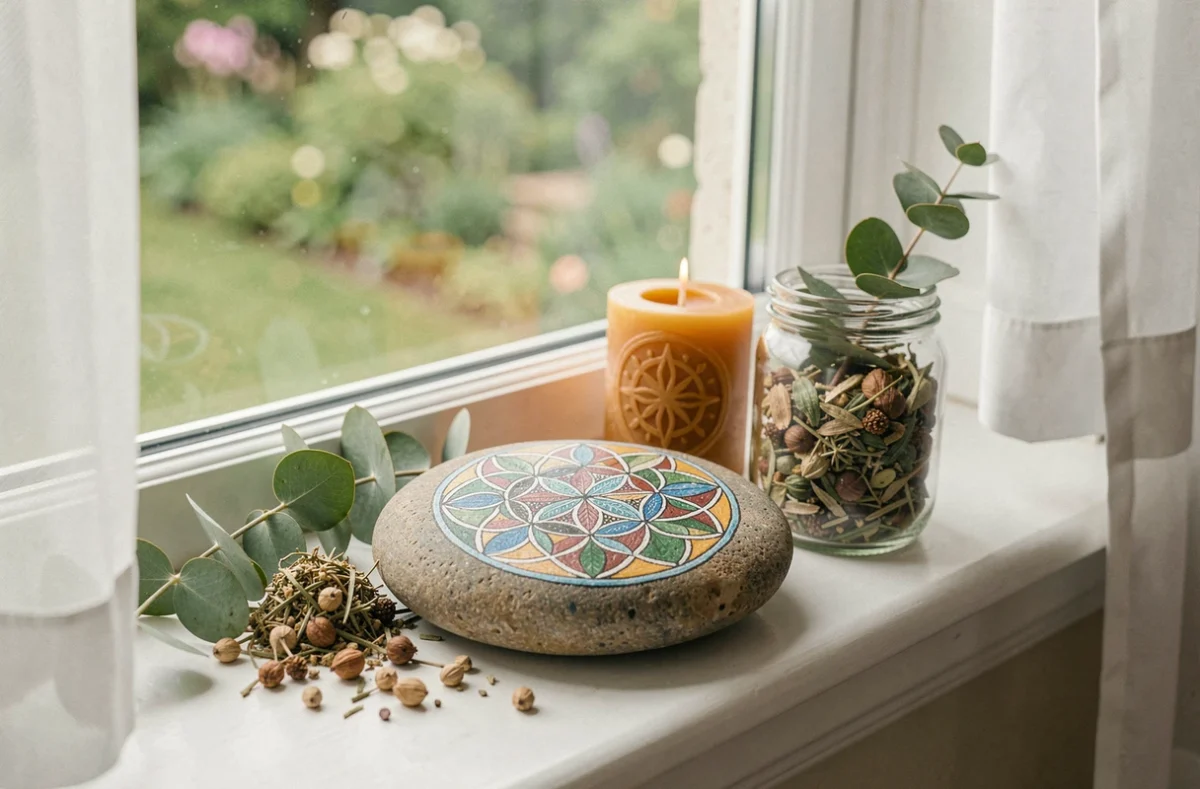 Pierre peinte avec un mandala fleur de vie sur un rebord de fenêtre, autel d'abondance naturel avec plantes et bougie
