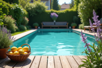 Piscine extérieure entourée de plantes vertes et panier de citrons