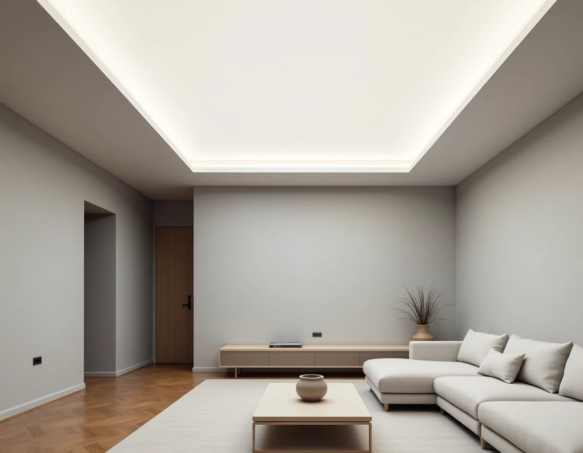 Vue grand angle d'un salon résidentiel avec plafond tendu blanc installé, profilé aluminium périphérique et décoration intérieure contemporaine
