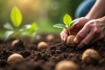 Mains de jardinier plantant une jeune noix dans la terre