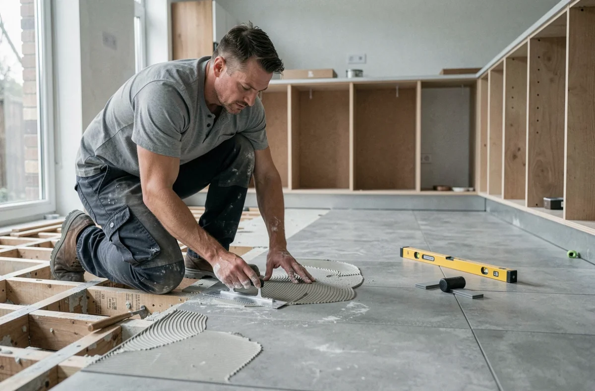 Homme posant du carrelage dans une cuisine en rénovation pour améliorer son intérieur avec un petit budget