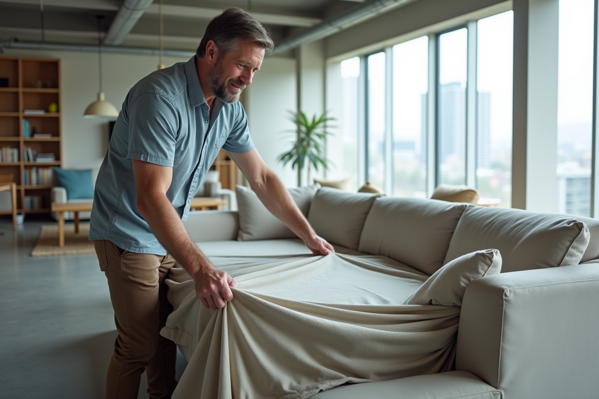 Homme ajustant une housse sur un grand canapé d