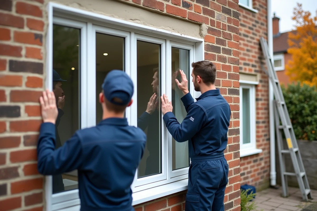 Deux ouvriers installant une fenêtre double vitrage en PVC sur la façade d'une maison de banlieue