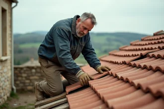 Couvreur professionnel posant une tuile canal en terre cuite sur une toiture en pente selon les normes de la fiche technique 2026
