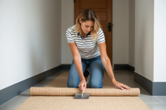 Femme posant avec un tapis en jonc de mer dans un intérieur moderne