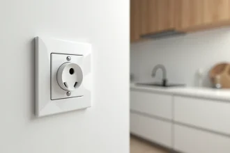 Prise de courant encastrée blanche dans un mur de cuisine moderne avec des meubles en chêne clair