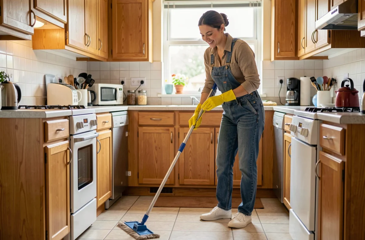 Intervenante de Promaction Association Intermédiaire effectuant le nettoyage d'une cuisine familiale