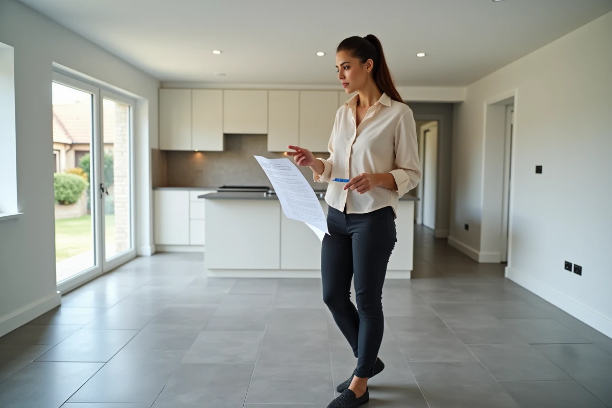 Femme examinant un devis de pose de carrelage dans une cuisine neuve avec sol en grand format gris