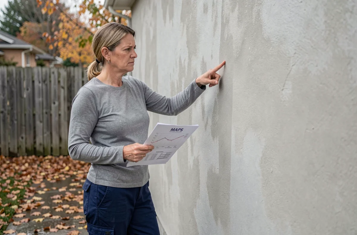 Propriétaire inspectant une façade extérieure enduite avec produit maps après exposition à la pluie