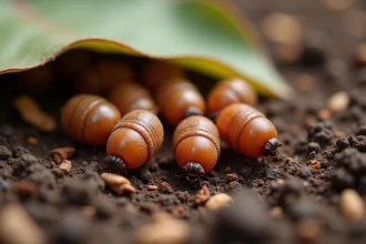 Pupes de mouche de couleur brun-roux regroupées sur de la terre organique sèche, vue macro révélant leur segmentation caractéristique