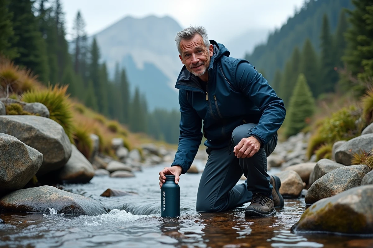 Randonneur remplissant un contenant d'eau H2O en montagne, guide d'achat produits hydratation outdoor