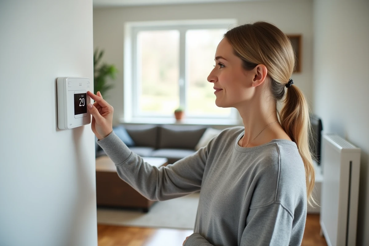 Femme réglant un thermostat connecté relié à une chaudière électrique dans un salon moderne