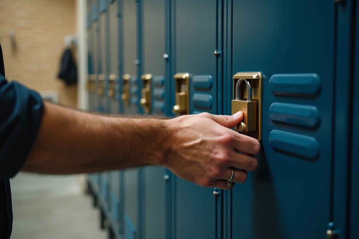 Mains d'un homme réinitialisant le code d'un cadenas à 3 chiffres sur un casier de salle de pause en entreprise