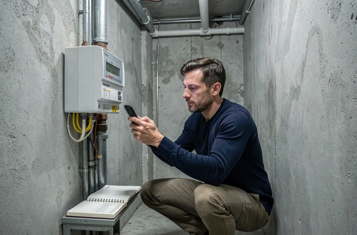 Homme photographiant le compteur électrique EDF lors d'un déménagement pour relevé de index