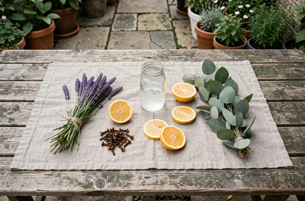 Remèdes naturels contre les nids de mouche disposés en flat-lay sur une table en bois rustique