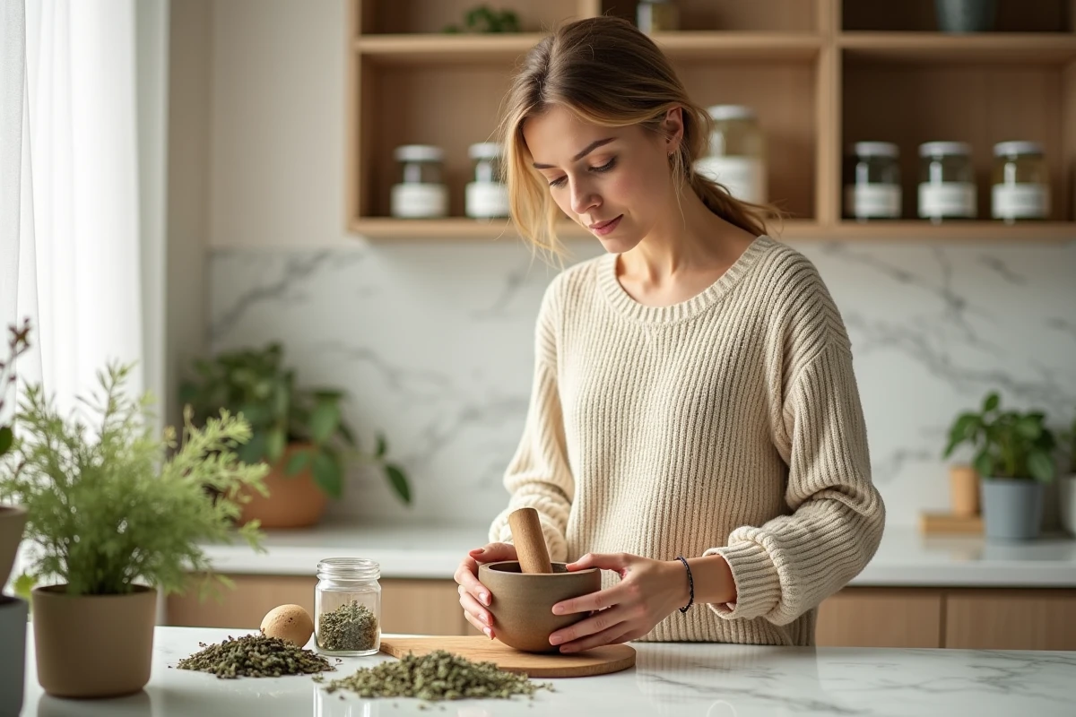 Femme préparant des remèdes naturels à base de plantes dans sa cuisine comme alternative aux traitements médicamenteux