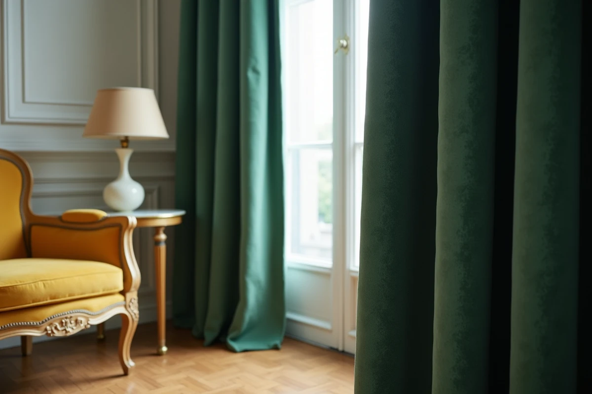 Rideaux en velours vert sauge dans un salon haussmannien avec parquet et moulures blanches