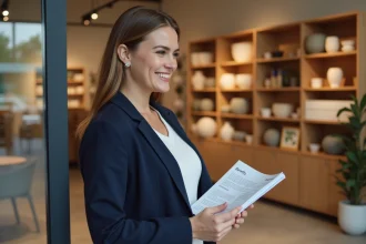Salariée d'un magasin Maisons du Monde consultant les avantages CSE avec le sourire