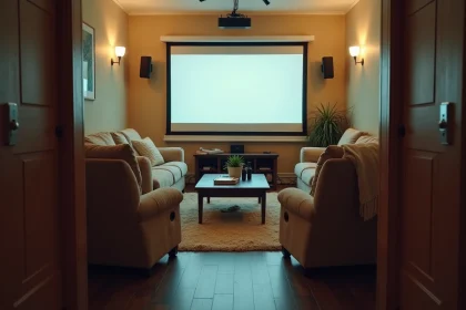 Salle de cinéma maison mal aménagée avec sièges mal placés et câbles apparents