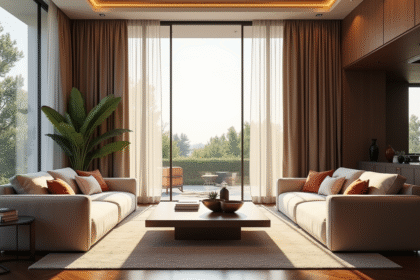Salon moderne lumineux avec grandes fenêtres et rideaux élégants