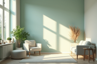 Salon moderne aux murs pastel et lumière naturelle