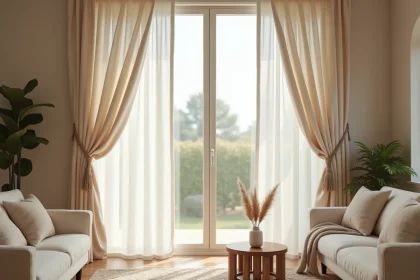 Salon cosy avec rideaux en lin ivoire sol-plafond et canapé crème, décoration naturelle et chaleureuse