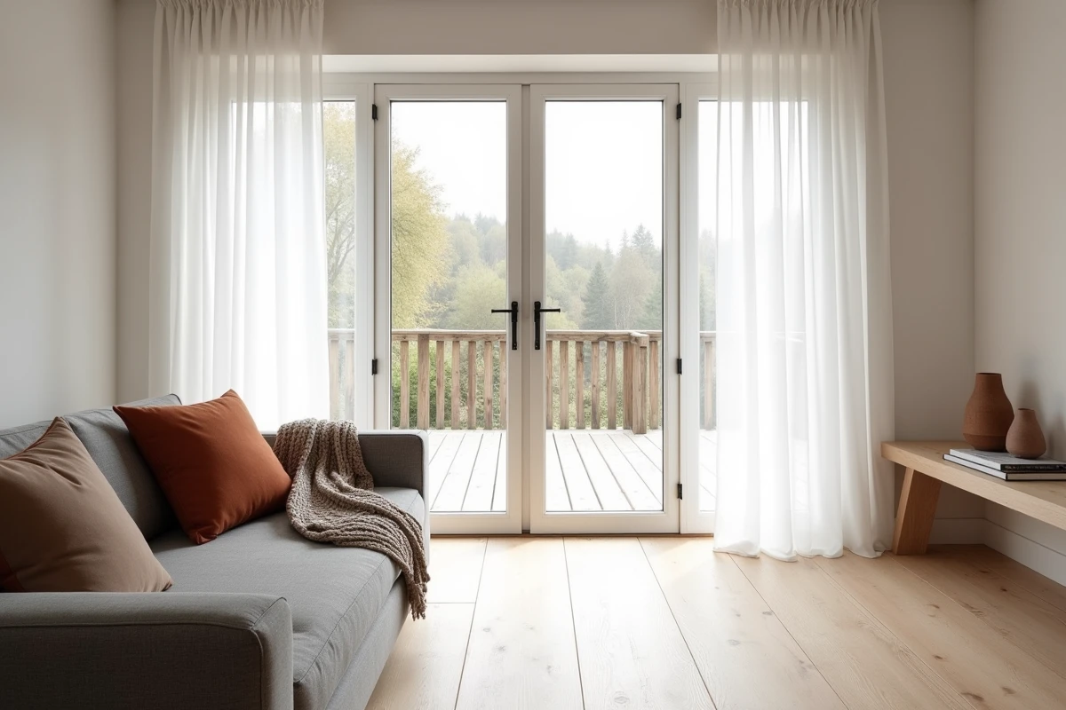 Salon scandinave minimaliste avec rideaux voile blanc et portes vitrées ouvertes sur terrasse en bois