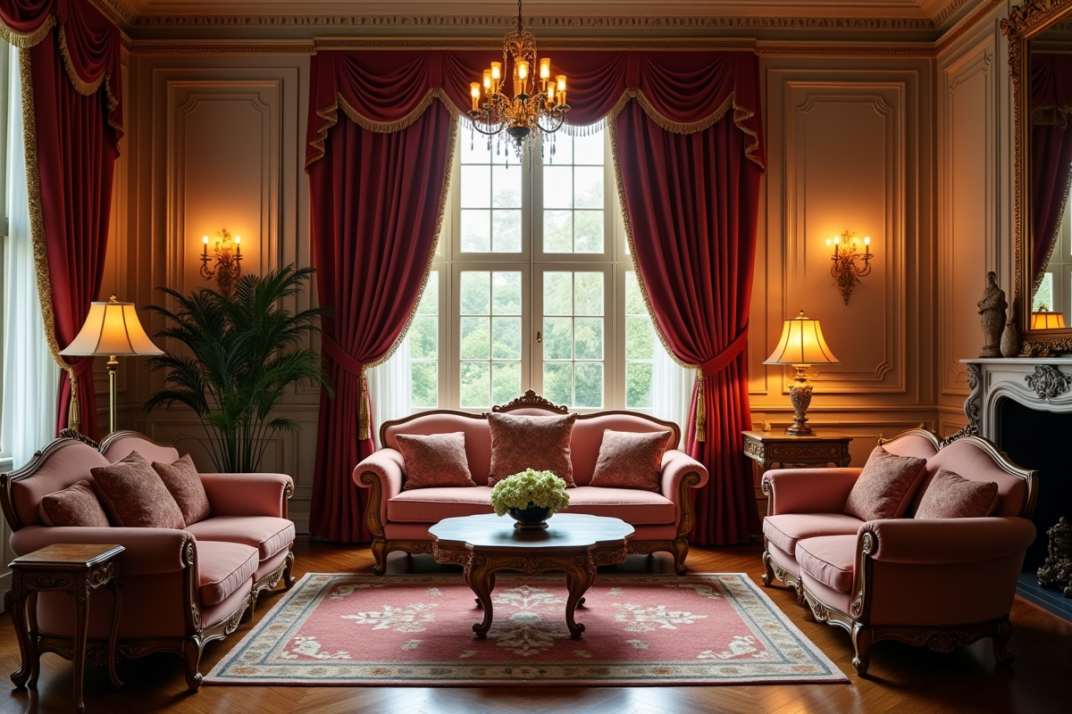 Salon vintage avec moulures et rideaux en velours