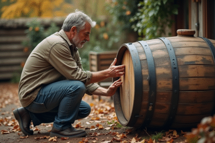 Homme appliquant un scellant sur un tonneau en bois extérieur