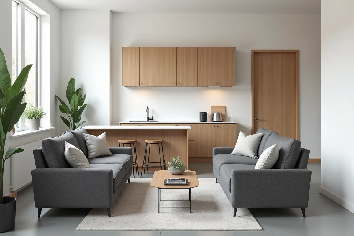 Séjour et cuisine équipés dans un appartement meublé prêt à louer en LMNP