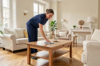 Femme de ménage professionnelle nettoyant un salon moderne et lumineux en Seine-Maritime