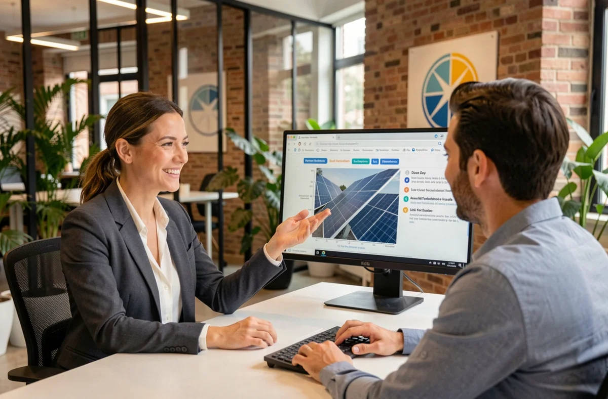 Une conseillère Solaire & Vous explique un plan d'installation personnalisé à un client dans un bureau moderne à Paris