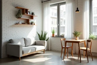 Appartement studio meublé clé en main pour location LMNP avec canapé scandinave et table en bois