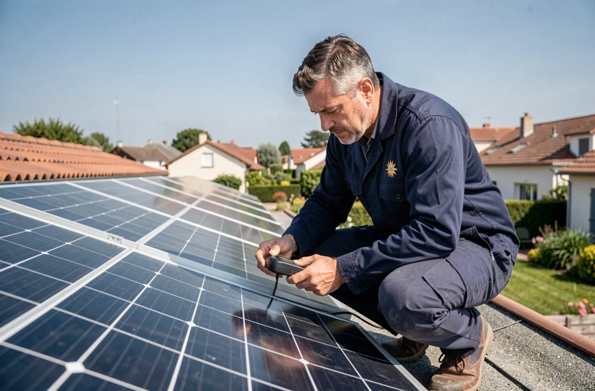 Un ingénieur de Sun'Innov inspecte la connexion entre deux panneaux solaires sur une toiture résidentielle en banlieue parisienne