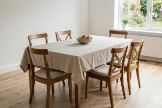 Table à manger rectangulaire en bois pour 6 personnes avec chaises assorties dans une salle à manger scandinave lumineuse