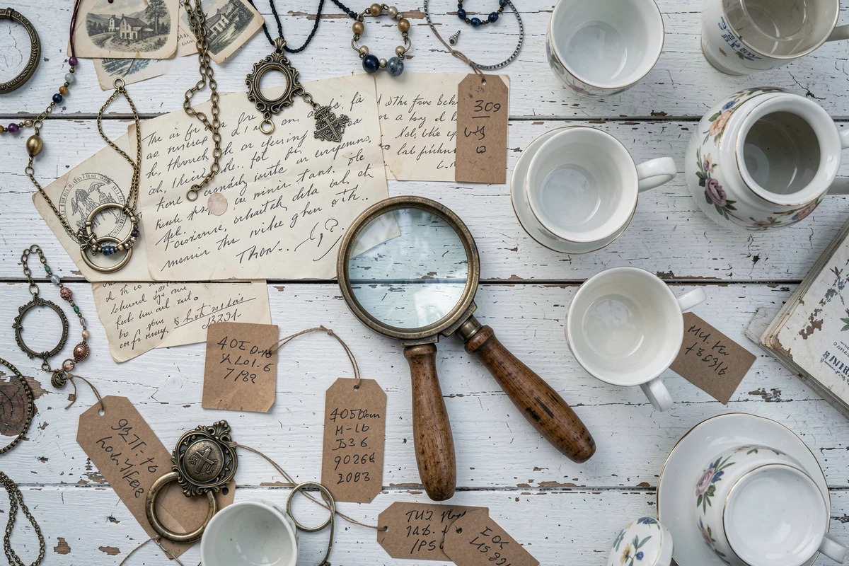 Vue aérienne d'une table de vide grenier à Annecy avec bijoux vintage, cartes postales anciennes et étiquettes de prix artisanales
