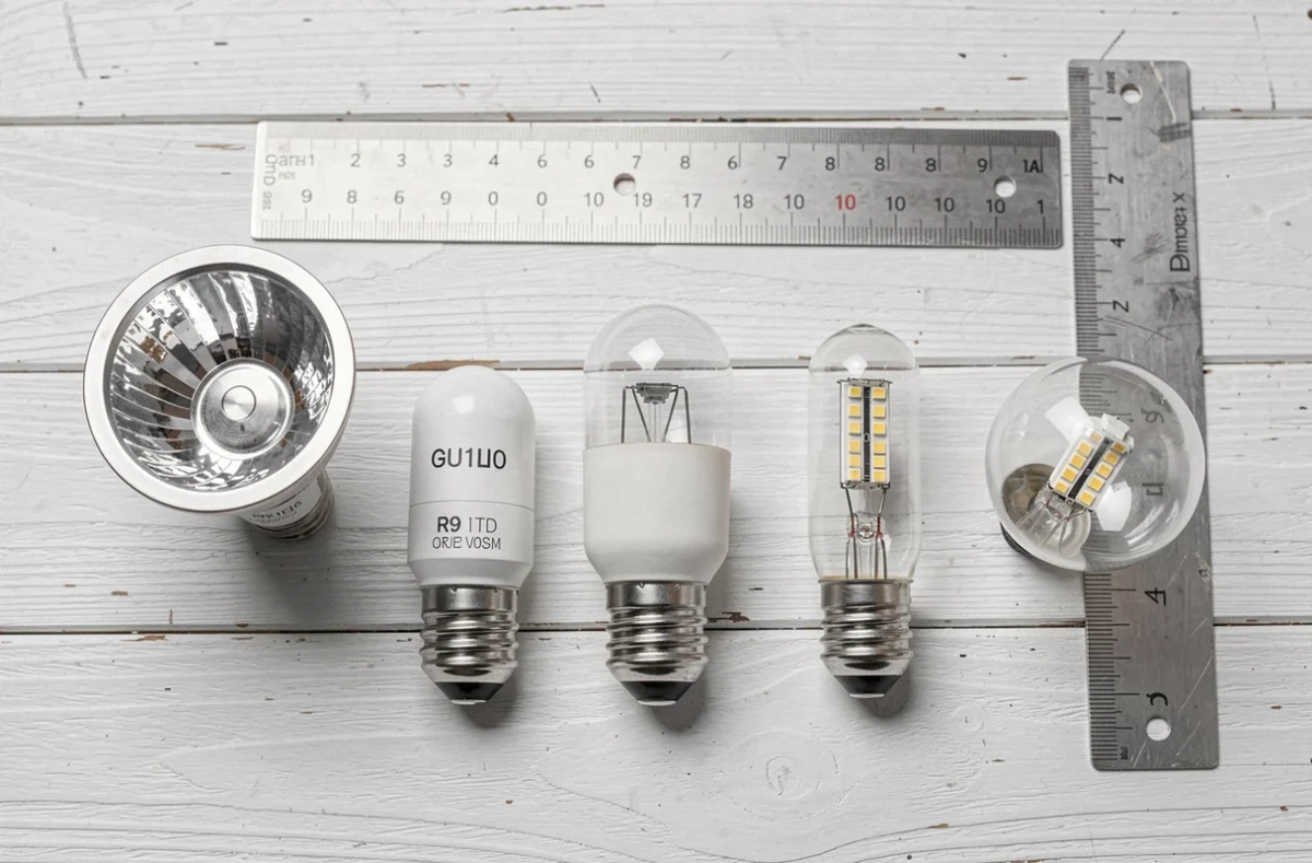 Comparaison de tailles d'ampoules LED et halogènes de différents culots posées à plat avec une règle