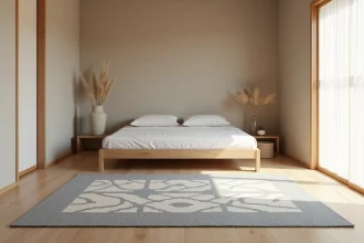 Tapis japonisant en indigo et ivoire dans une chambre minimaliste avec parquet en chêne clair et cadre de lit en frêne naturel