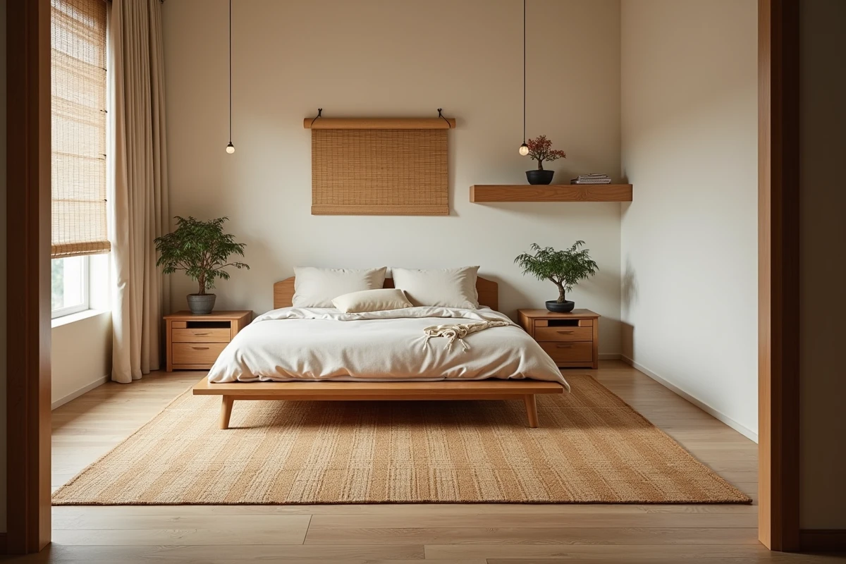 Chambre japonisante wabi-sabi avec grand tapis en jute et coton naturel sous un lit plateforme en bois et store en bambou